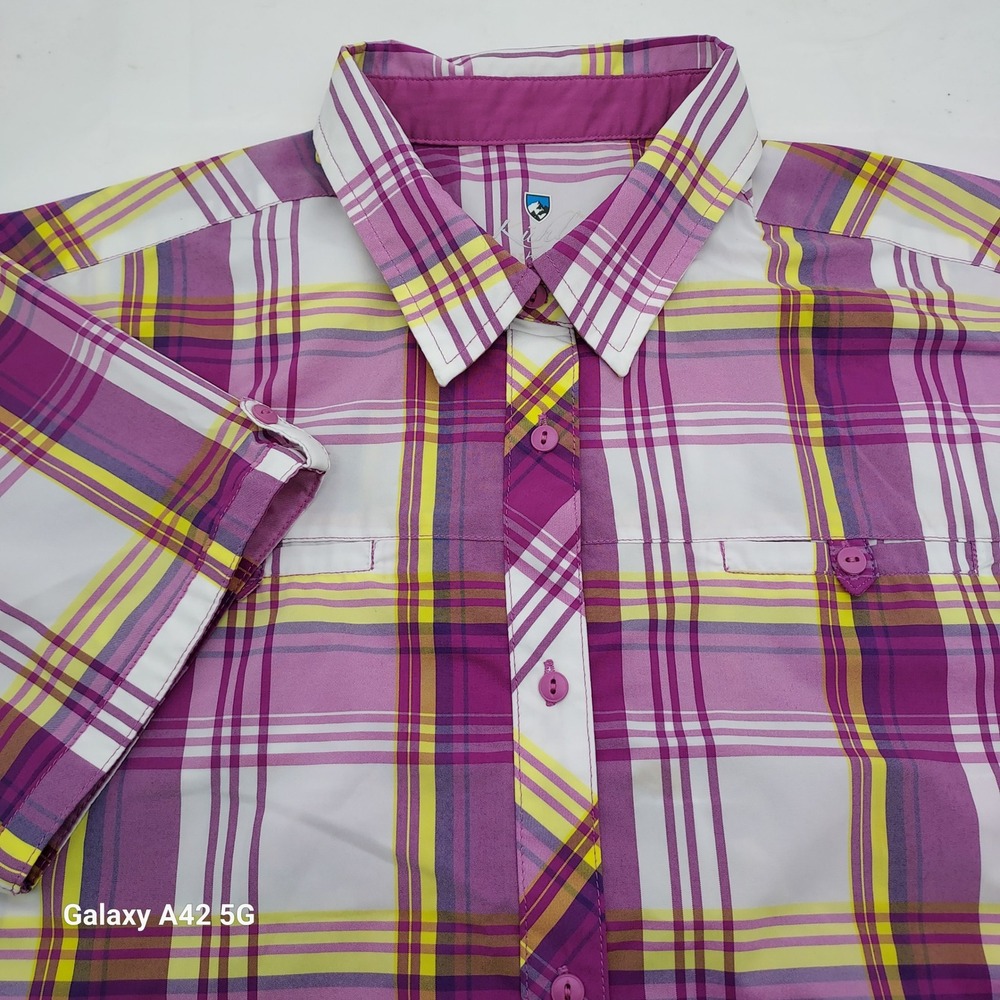Kuhl Womens Plaid Short Sleeve Button Down Shirt Purple Yellow Size M
